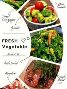 野菜料理レシピカテゴリーへのリンク画像。きゅうりやミニトマトのサラダ、ケールサラダなど複数の野菜料理が並んだ写真。