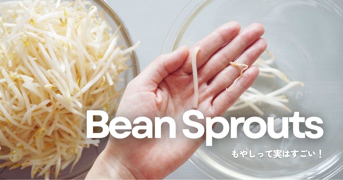 手のひらにのせた一本のもやしとザルに入ったもやしの写真