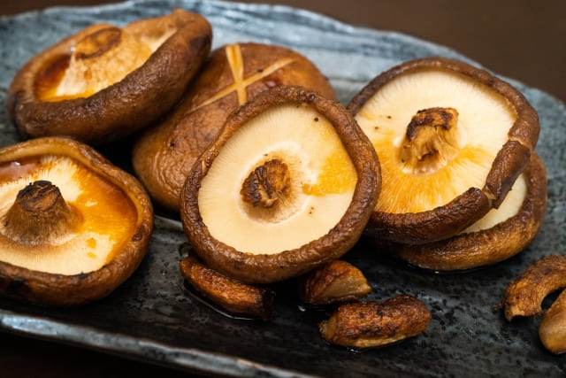 椎茸の旨味を楽しめる焼き椎茸の写真。しいたけの旨味成分グアニル酸を含むきのこ料理