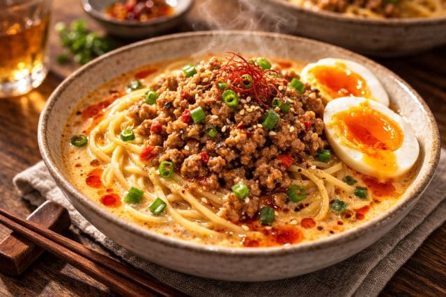 濃厚ピリ辛の坦々風胡麻ミルクスープパスタの完成イメージ。挽き肉と半熟卵をトッピングしたコクのある一皿