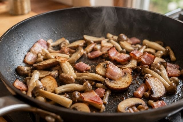フライパンでベーコンとしめじ、エリンギを焼き色がつくまで炒めている和風パスタの調理工程写真