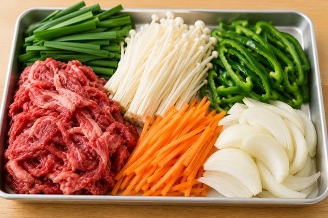 プルコギ丼に使う牛こま切れ、ニラ、エノキ、ピーマン、ニンジン、玉ねぎをバットに並べた材料写真