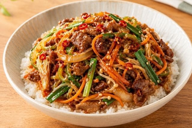 牛こま切れとニンジン、玉ねぎ、ピーマン、エノキ、ニラを甘辛く炒めてご飯にのせたプルコギ丼