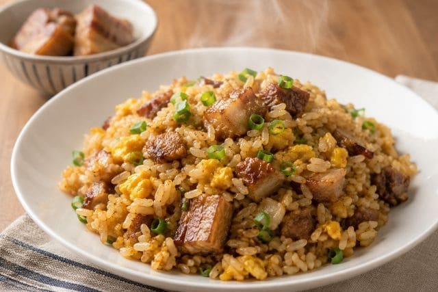 白い器に盛り付けた豚の角煮チャーハン。残った角煮を使ったごちそう感のある簡単炒飯