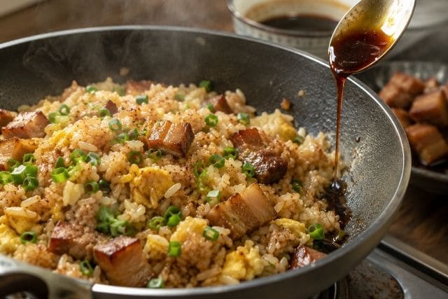 豚の角煮チャーハンに甘辛い角煮のたれを回しかけて味付けしている調理工程
