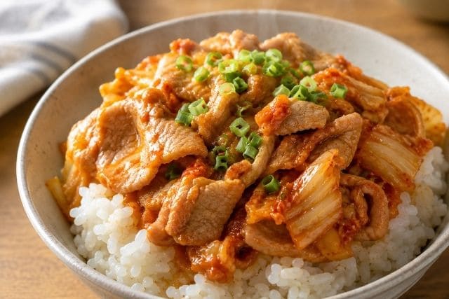 豚肉とキムチをご飯にのせた豚キムチ丼。簡単に作れてご飯が進むがっつり丼レシピ。