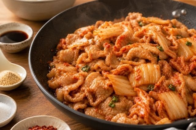 豚キムチ丼の味付けに使う調味料と、フライパンで炒めた豚肉とキムチ。キムチの旨みを活かして仕上げる調理写真。