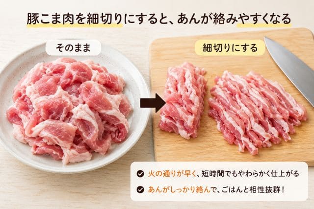 豚こま切れ肉をそのまま使わず細切りにすることで火の通りが早くなり、あんが絡みやすくなる説明画像