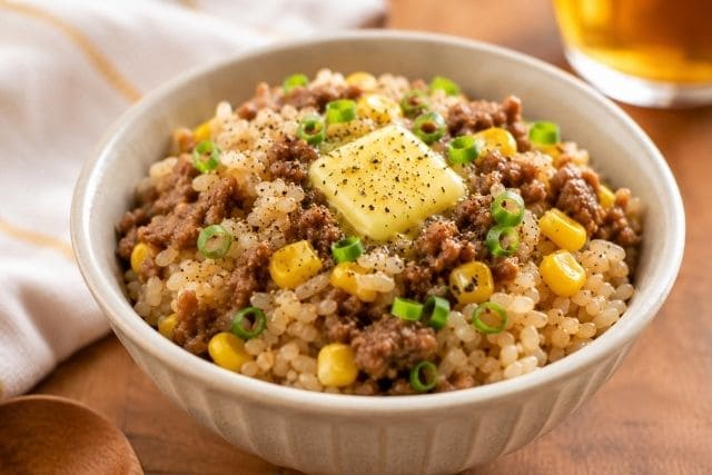 コーンとバターをのせたビーフペッパーライス。牛肉の旨みと甘じょっぱい味わいが楽しめる簡単牛肉ご飯。