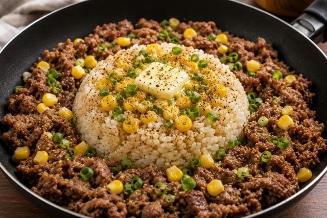 フライパンの中央にご飯を丸く盛り、周りに牛肉を敷き詰め、コーン、小ネギ、バター、黒胡椒をのせたビーフペッパーライス。