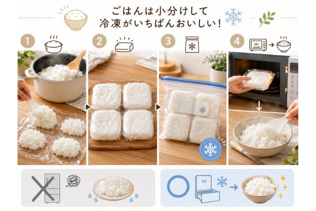 炊いたごはんを小分けしてラップで包み、保存袋に入れて冷凍し、電子レンジで温める手順を紹介する画像