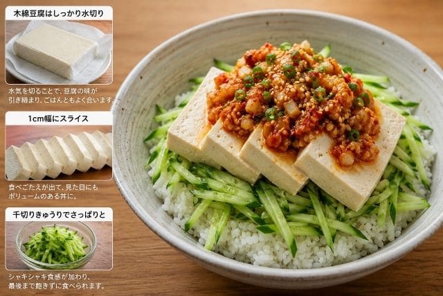 木綿豆腐の水切りと1cm幅のスライス、千切りきゅうりを使ったキムチねぎ塩だれ冷やっこ丼のポイント画像