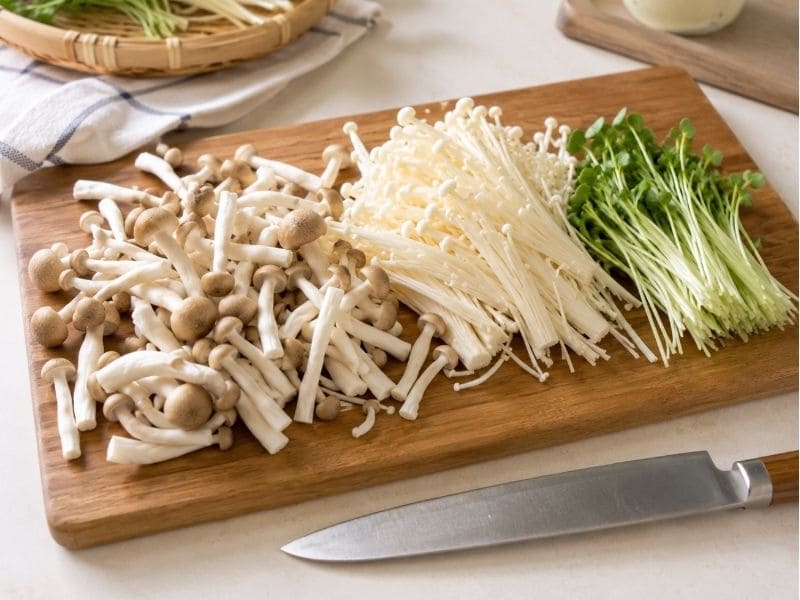 キノコたっぷり和風あんかけパスタ用に、しめじとエノキを小分けにし、かいわれ大根を準備した写真