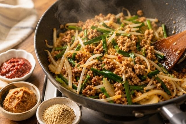豆板醤、味噌、白すりごまを使ってニラもやしと豚ひき肉の担々炒めを味付けしている調理途中の写真