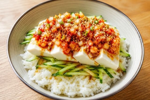 木綿豆腐、きゅうり、キムチねぎ塩だれをごはんにのせた、火を使わないさっぱり旨辛の冷やっこ丼