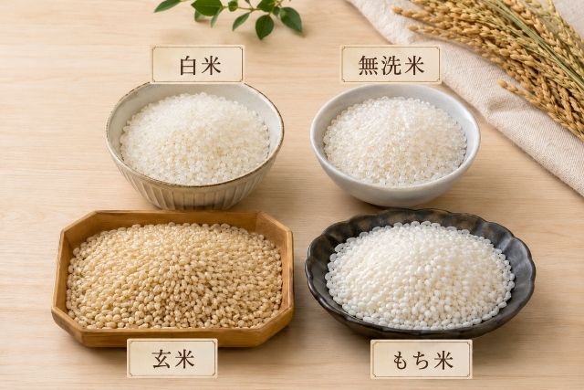 白米、無洗米、玄米、もち米を並べて、お米の種類と特徴をわかりやすく紹介する画像