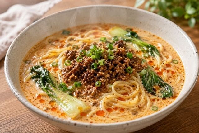 ひき肉と青菜をのせた濃厚ピリ辛の坦々風胡麻ミルクスープパスタ。胡麻のコクと牛乳のまろやかさを楽しむ簡単レシピ