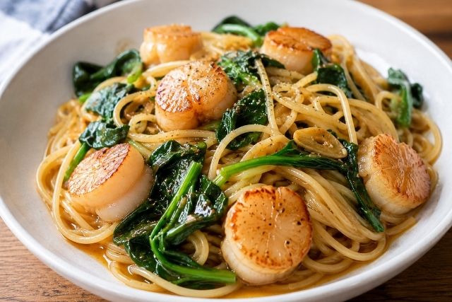ホタテとベビーほうれん草を使ったガリバタ醤油味の和風パスタを白い皿に盛り付けた完成写真