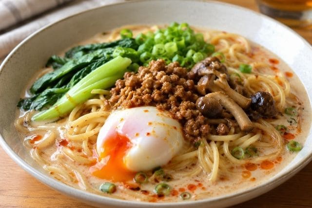 温泉卵ときのこ、青菜を加えたアレンジ坦々風胡麻ミルクスープパスタ。辛さと具材を変えて楽しめる一皿