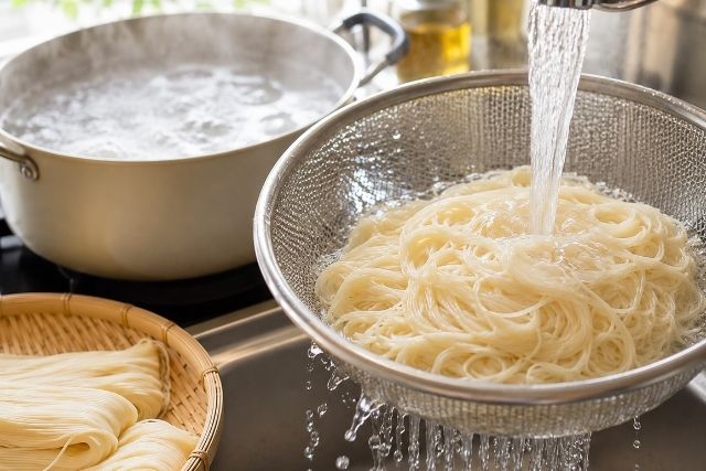 茹でたそうらーめんをザルに移し、流水でぬめりを洗い流している様子