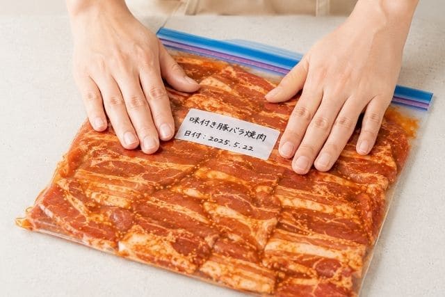保存袋に入れて平らに整えた味付き豚バラ焼肉の下味冷凍