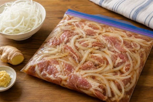 豚肉と薄切り玉ねぎ、生姜だれをフリーザーバッグに入れた下味冷凍