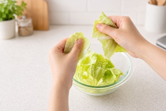 キッチンでキャベツを手で細かくちぎりガラスボウルに入れる調理工程