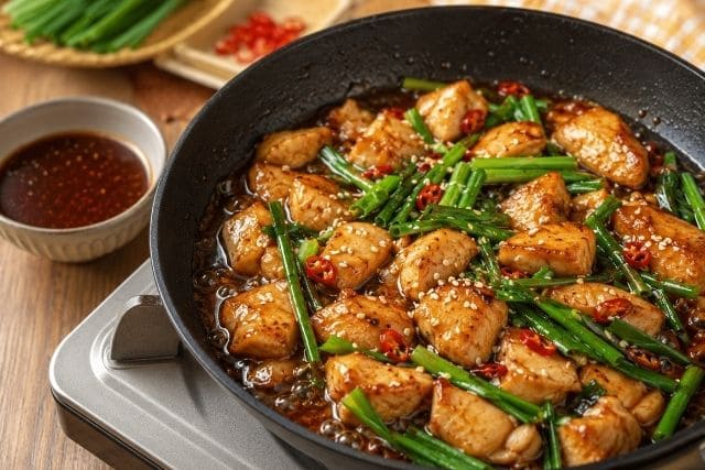 焼いた鶏むね肉に照り焼きだれとニラを加えて炒めている工程