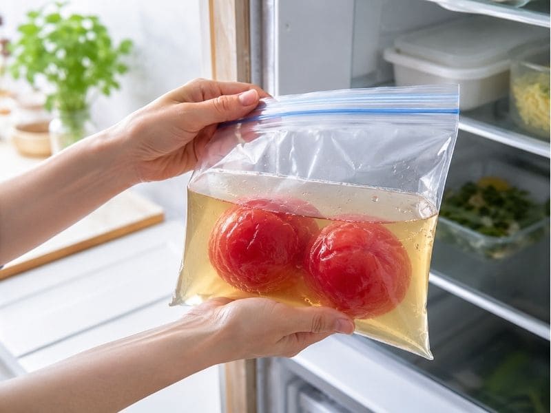 冷やしトマトおでんの作り方で、湯むきしたトマトを白だしと水に漬けて冷蔵庫で冷やす工程写真