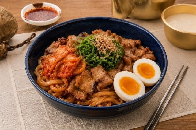 青い丼に豚こま肉、キムチ、大葉、半熟卵を盛り付けたサムギョプサル風焼肉うどん
