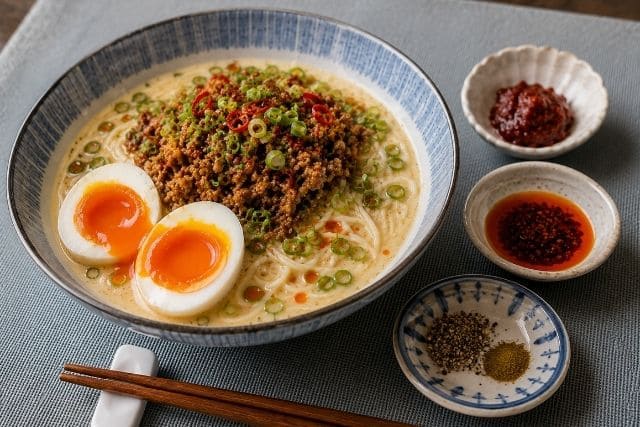 ピリ辛豚ひき肉の豆乳ごまそうめんと、辛さを調整する豆板醤、ラー油、香辛料