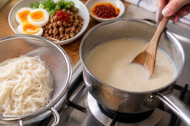鍋の無調整豆乳を弱火で温めながら、茹でたそうめんの水気をきっている様子