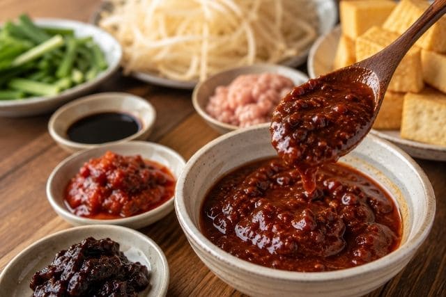 豆板醤の辛みと甜麺醤のコクを合わせたご飯がすすむピリ辛だれ