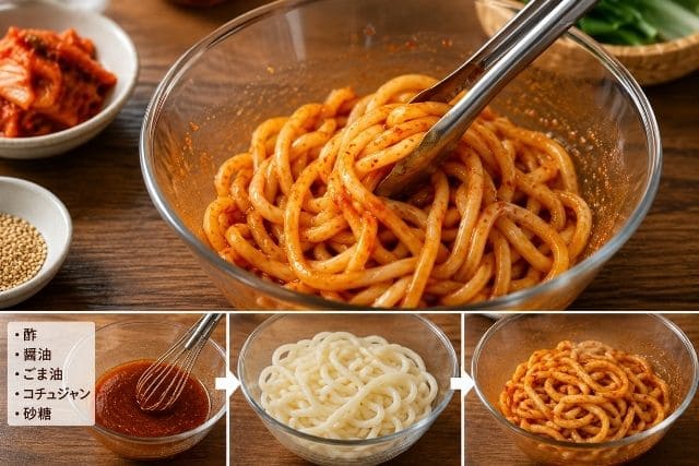 酢、醤油、ごま油、砂糖、コチュジャンを混ぜたピリ辛だれを冷凍うどんに絡める工程