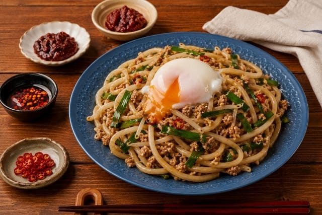 青い平皿に盛り付けた台湾焼うどんに温泉卵をのせ、辛味調味料を添えた写真