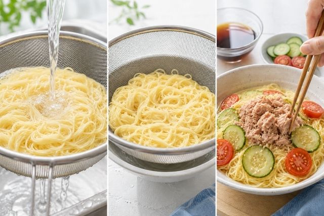 茹でたウニそうめんを流水で冷やし、水切りしてツナと夏野菜を盛り付ける工程