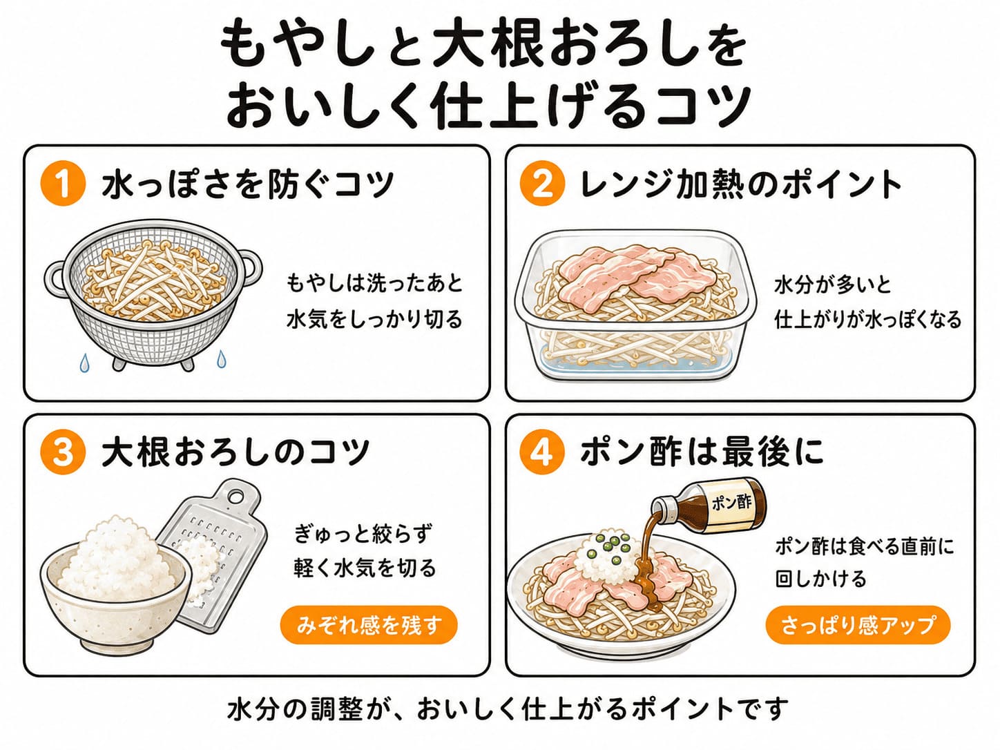 もやしの水気を切り、大根おろしを絞りすぎず、ポン酢を食べる直前にかける仕上げのコツ