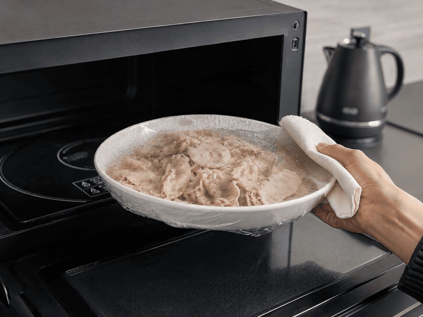 電子レンジで加熱したもやしと豚バラを耐熱皿ごと取り出している調理工程