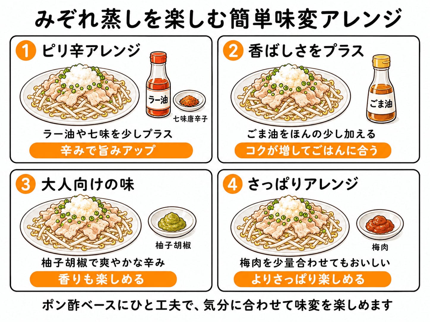 もやしと豚バラのみぞれ蒸しにラー油、ごま油、柚子胡椒、梅肉を加える4つの味変アレンジ
