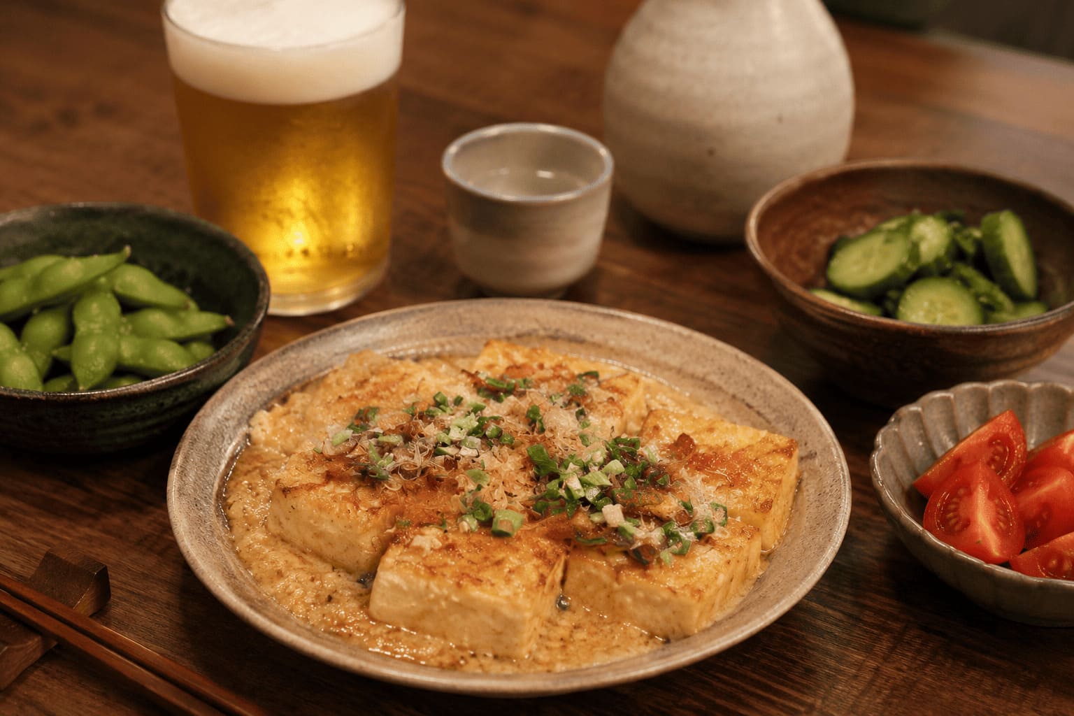 長芋のふわとろ豆腐ステーキに、枝豆、きゅうりの浅漬け、冷やしトマト、ビールと日本酒を合わせたおつまみ献立の画像