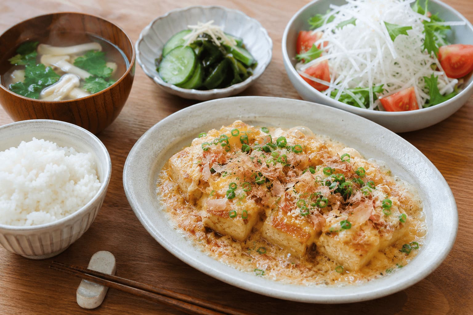 長芋のふわとろ豆腐ステーキに、きゅうりとわかめの酢の物、大根サラダ、すまし汁、ご飯を合わせたさっぱり献立の画像