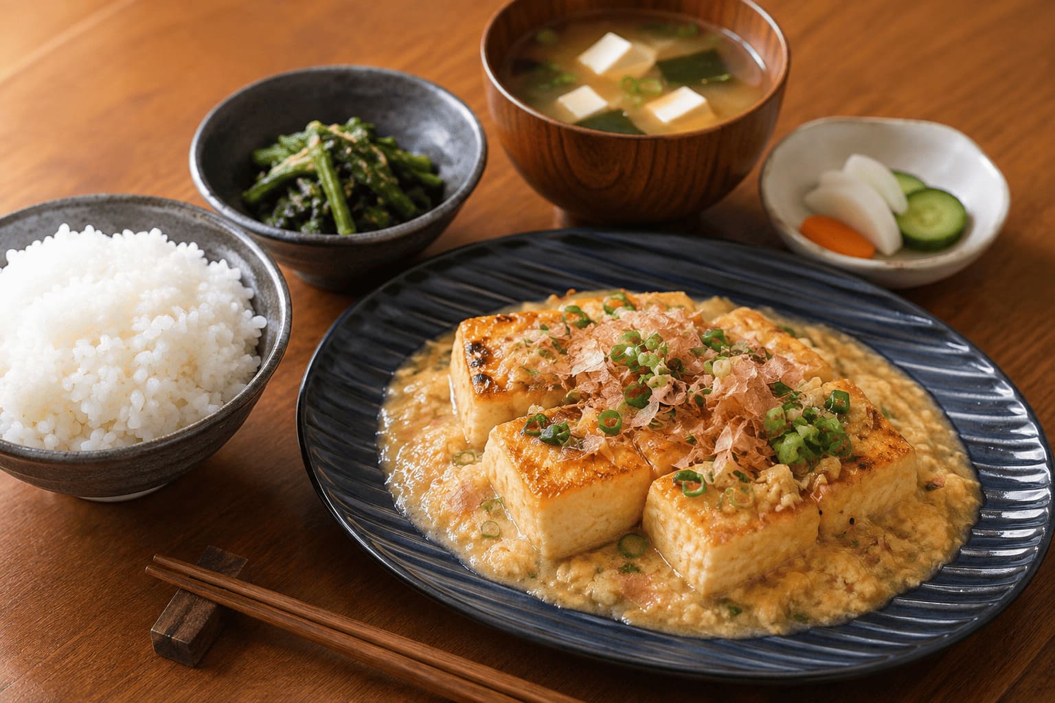 長芋のふわとろ豆腐ステーキに白ご飯、ほうれん草のごま和え、わかめと豆腐の味噌汁を合わせた和食献立の画像