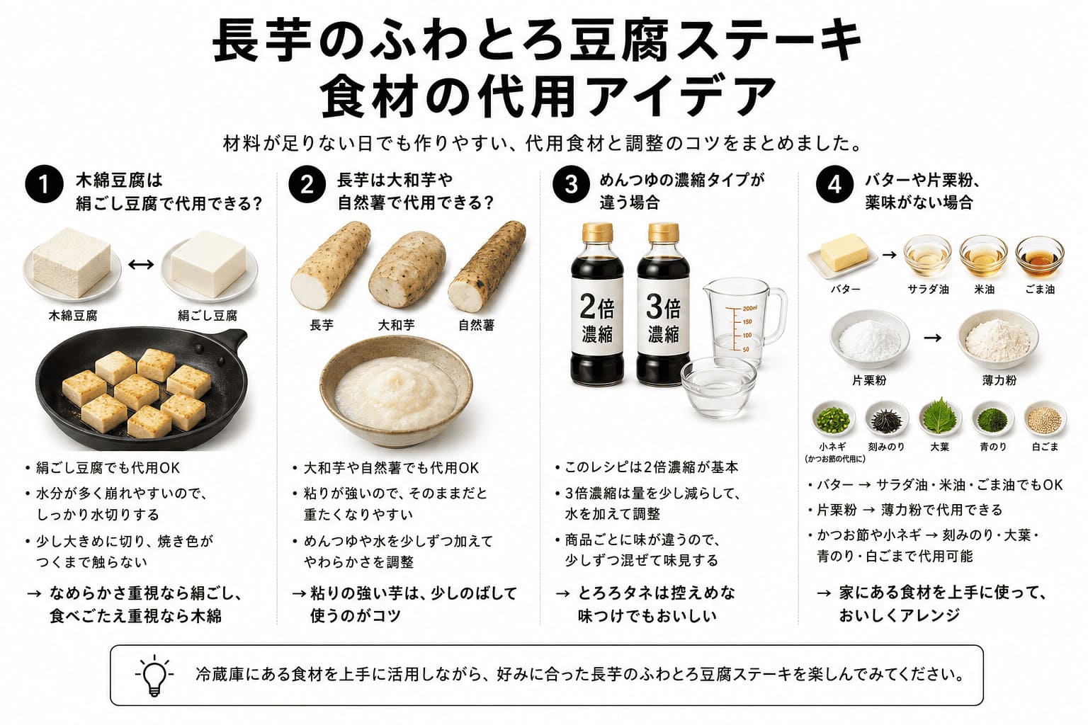 木綿豆腐・長芋・めんつゆ・バター・片栗粉・薬味の代用食材をまとめた一覧