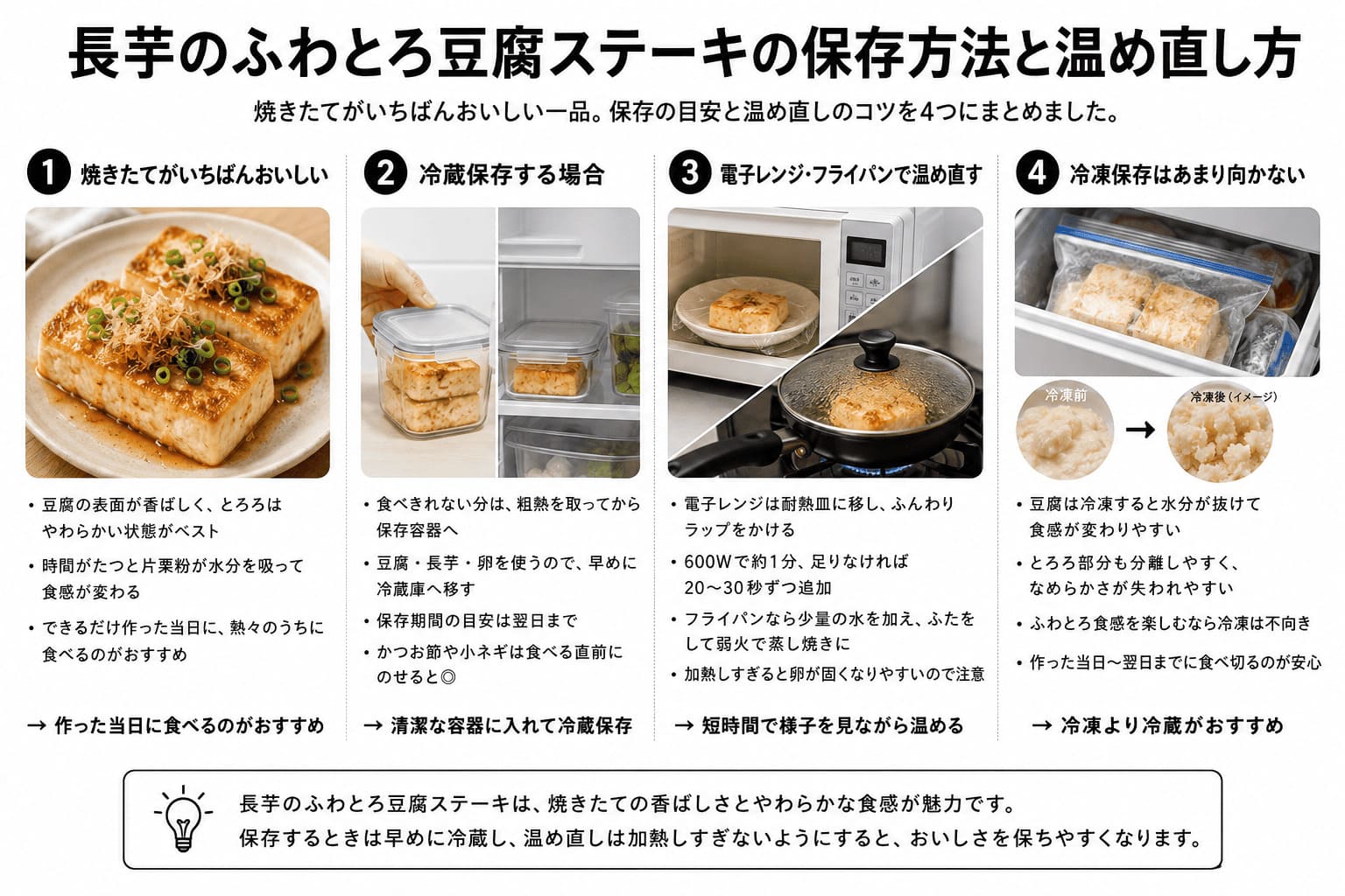長芋のふわとろ豆腐ステーキの冷蔵保存、電子レンジとフライパンでの温め直し、冷凍保存の注意点