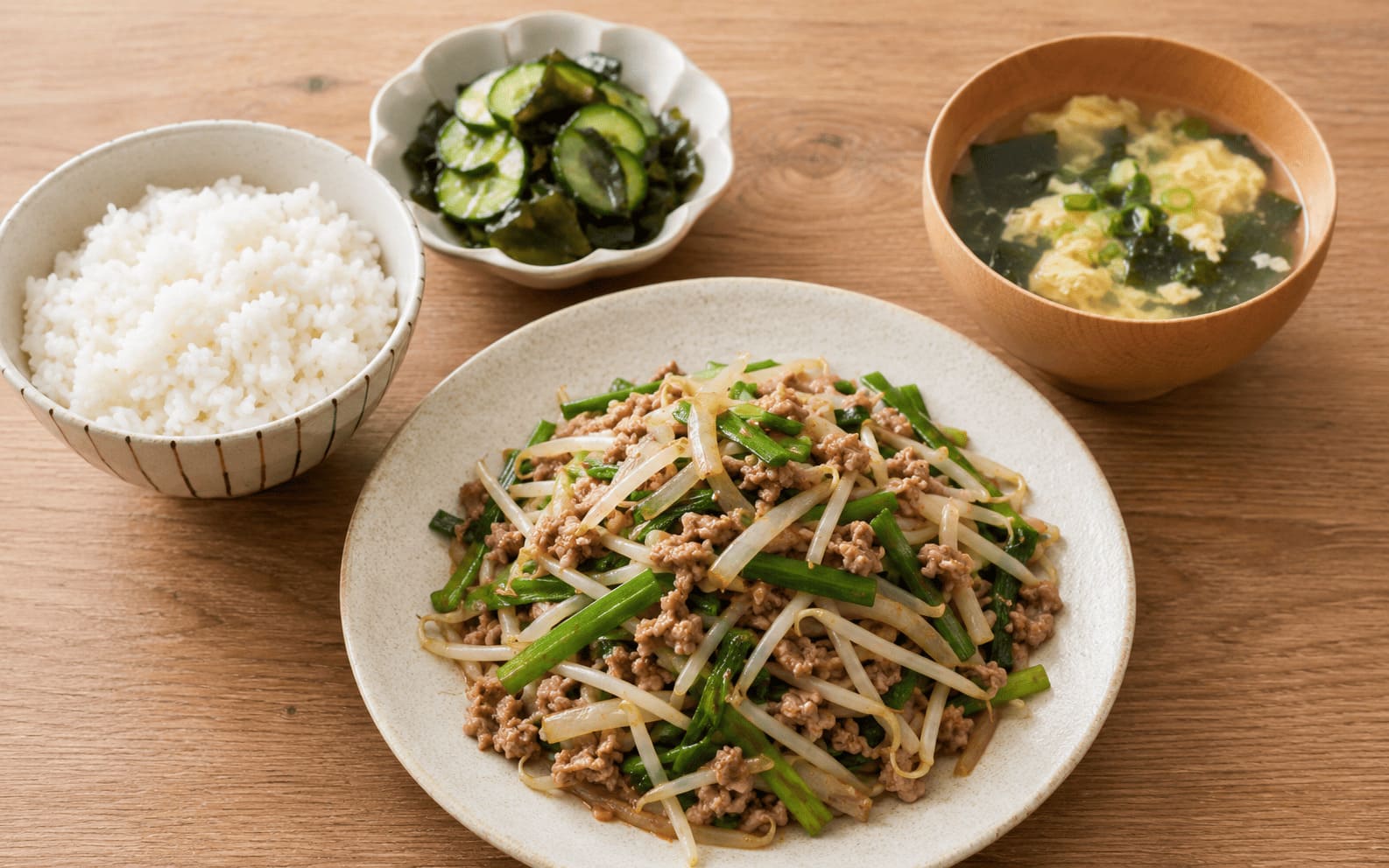 ニラもやしと豚ひき肉の担々炒めに白ご飯、きゅうりの中華和え、わかめと卵の中華スープを合わせた献立