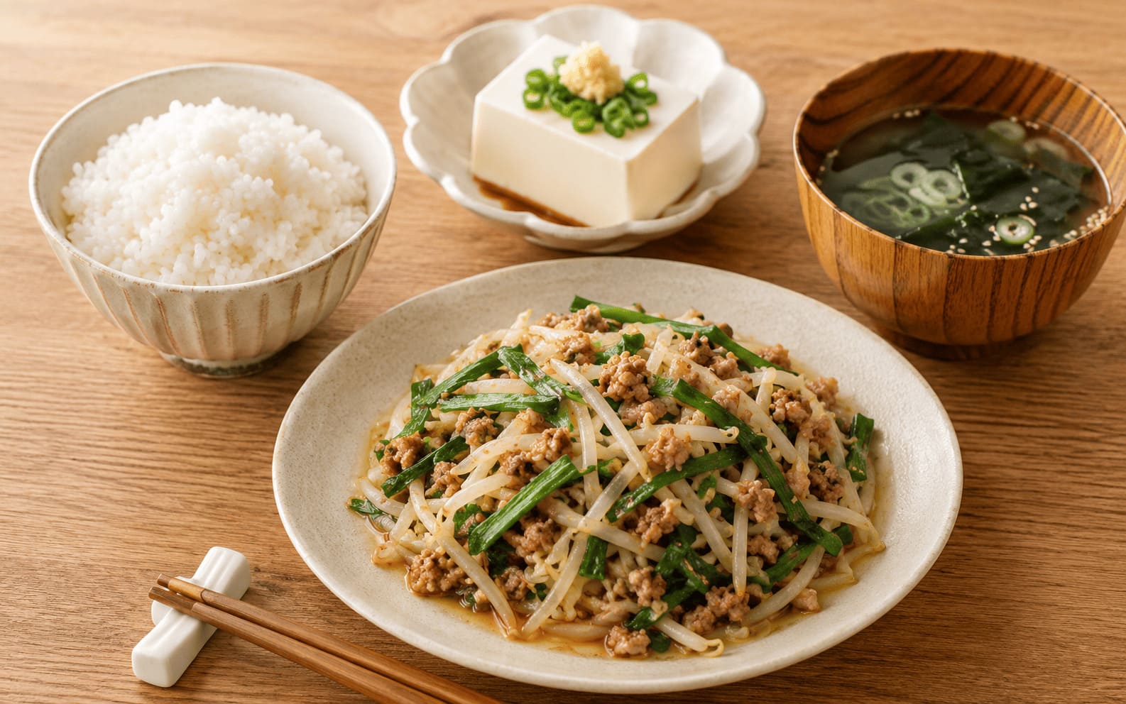ニラもやし担々炒めに白ご飯、冷ややっこ、わかめスープを合わせた簡単献立