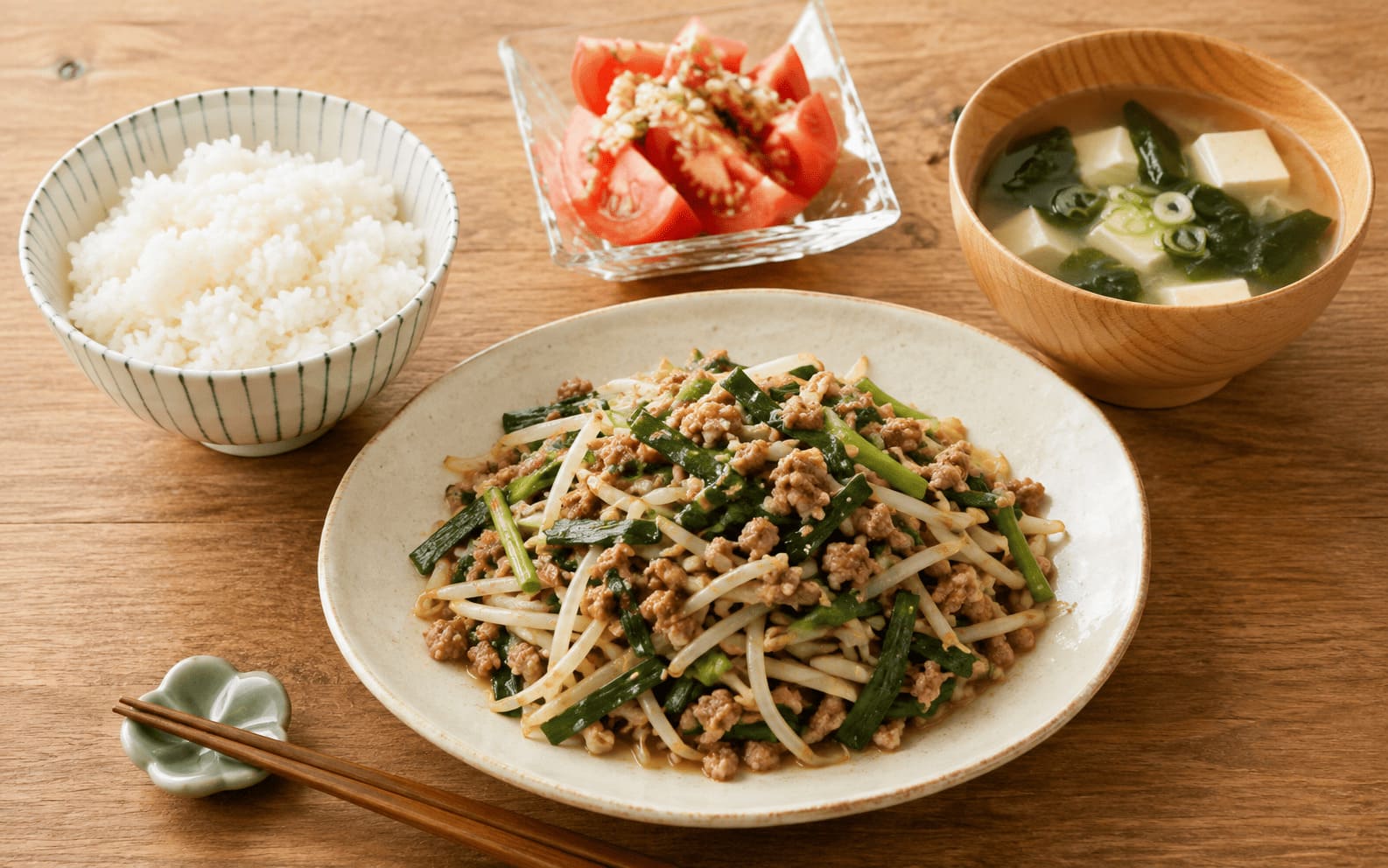 ニラもやし担々炒めに白ご飯、トマトの中華風サラダ、豆腐とわかめのスープを合わせた献立