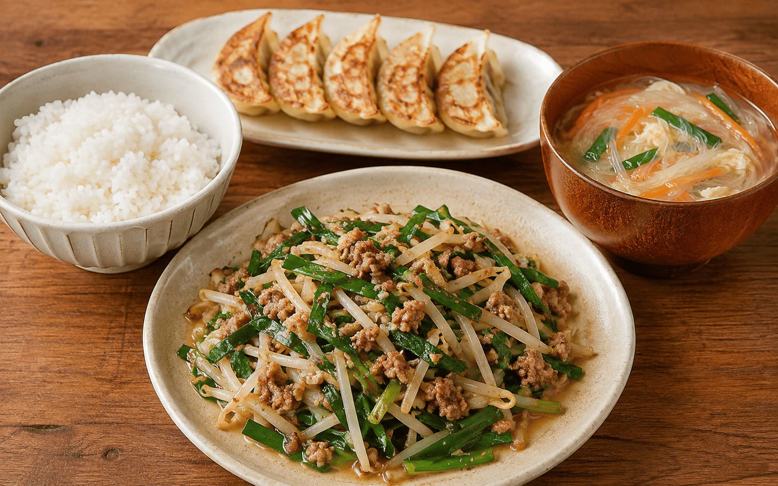 ニラもやし担々炒めに白ご飯、焼き餃子、春雨スープを合わせたボリューム満点の中華献立