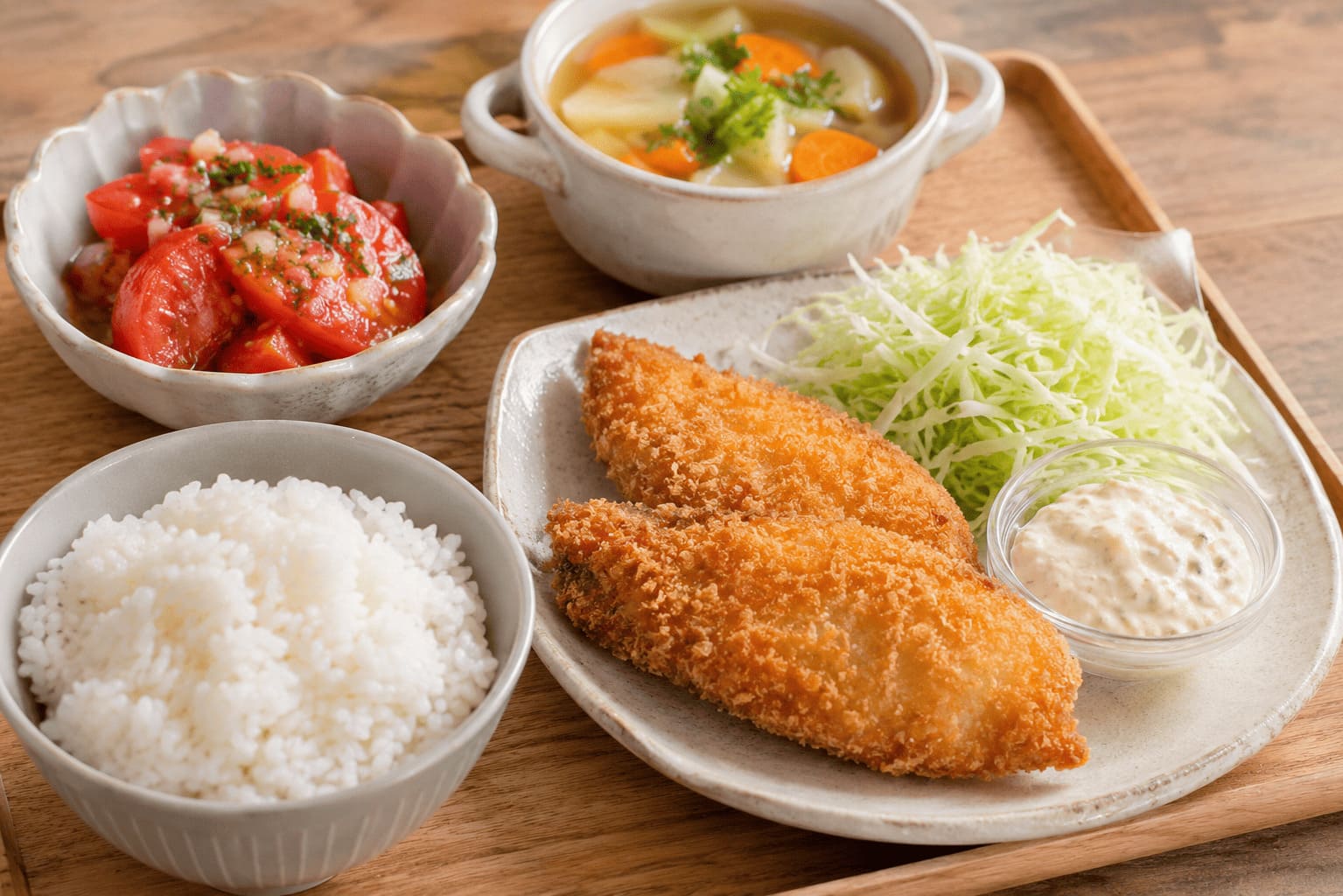 タラのフライに千切りキャベツ、タルタルソース、トマトのマリネ、野菜スープ、ご飯を合わせた献立