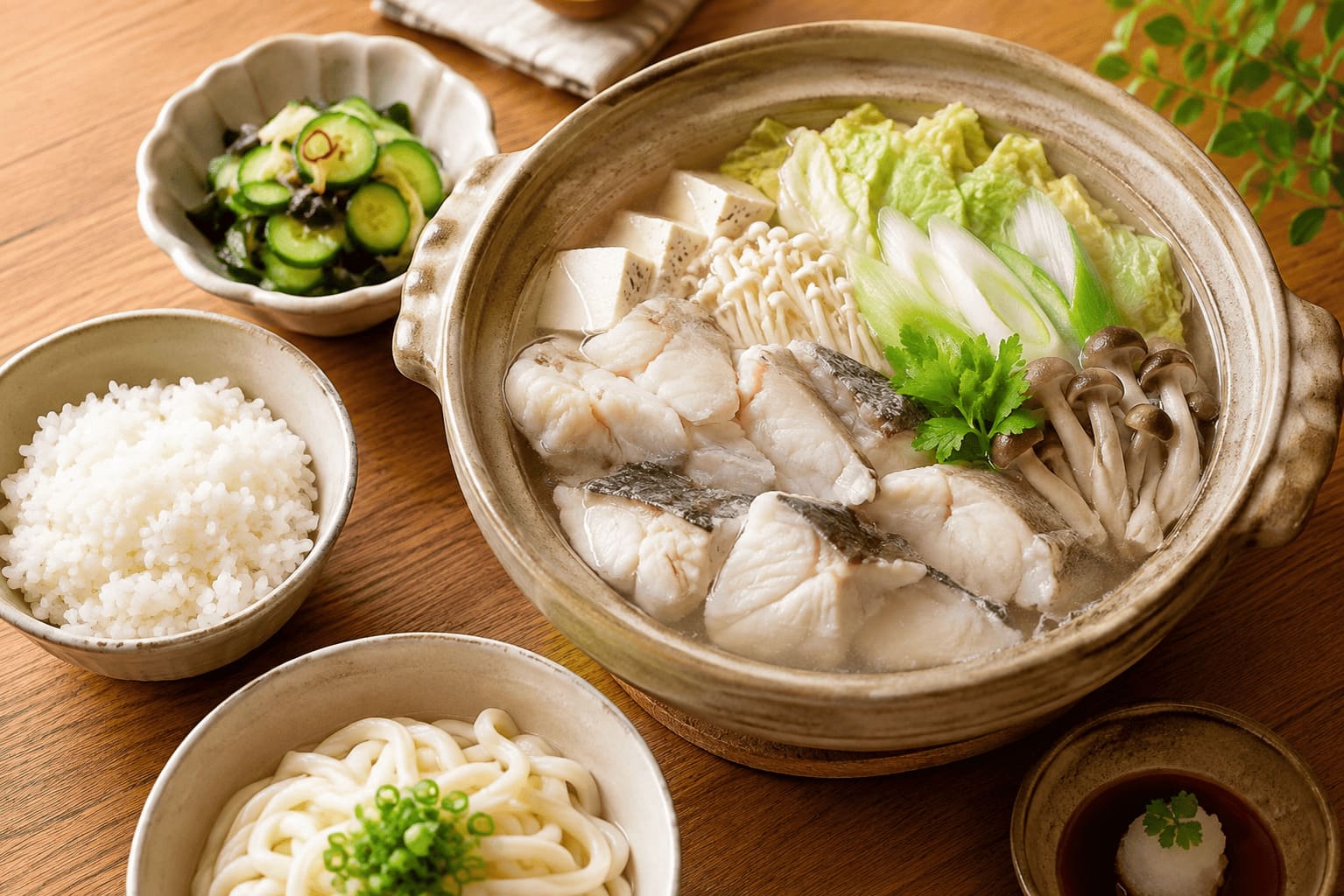 タラ、白菜、長ネギ、きのこ、豆腐を入れたタラ鍋に、きゅうりの酢の物、ご飯、締めのうどんを合わせた献立
